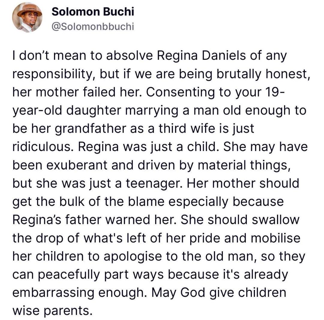 May God give children wise parents- writer Solomon Buchi blames Regina Danielâs mum, Rita, for her marital crisis